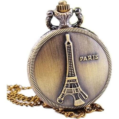 SMALL POCKET WATCH Women steampunk PARIS EIFFEL TOWER RELIEF NEW Bronze Necklace Woman Analog Quatz