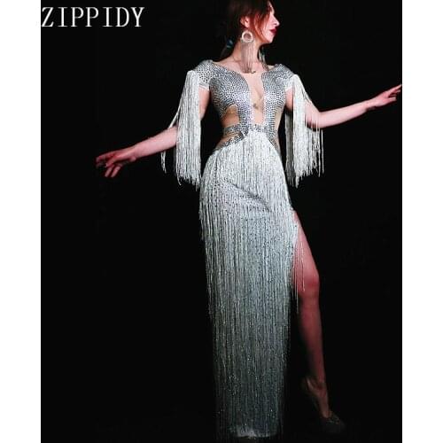 Fashion White Fringes Dress Women Sexy Tassel Rhinestones Costume One-Piece Dress Female Birthday Celebrate Long Dress