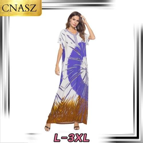 Latest Muslim Fashion Embroidered Digital Print Dress Islamic Dubai Turkey Casual Loose Tunic Maxi Dress Moroccan Middle East