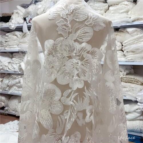 2020 New Off White Full sequins Big Flower Gorgeous sparkle Tulle Mesh Embroidery Lace Fabric bridal wedding dress french lace