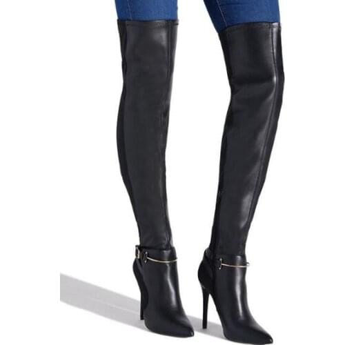New Arrival Woman Black Burgundy Patchwork Slim Over The Knee Boots Pointed Toe Metal Buckle Pointed Toe Heels Long Boots Shoes