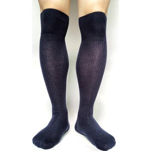Solid Navy Mens Stocking Over Knee Socks Sexy Cotton High Quality Brand Male Gay Dress Suits Socks Stage Hose