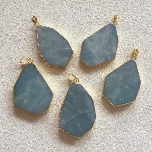 FUWO Wholesale Natural Amazonite Pendants With Gold Color Electroplated Free Shape Positive Energy Healing Crystal Jewelry PD338