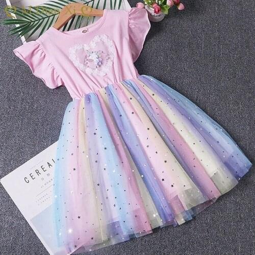 Unicorn Princess Dress Summer Girls Rainbow Stars Birthday Wedding Dresses 3-7 Years Sweet Kids Flower Vestidos Children Clothes