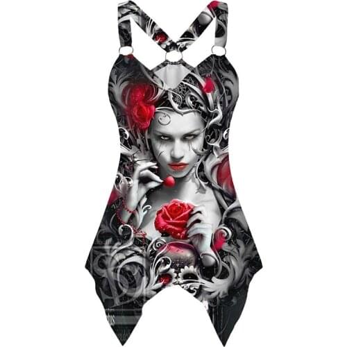 Plus Size 5XL Goth Y2k V-neck Sleeveless Graphic Skeleton Rose T Shirts for Women Summer Tank Top Tees Harajuku Tshirts Clothes