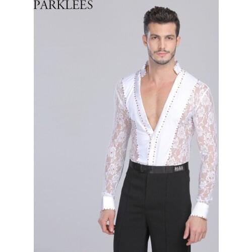 Mens Professional Latin Lace Shirts Deep V Neck Tuxedo Leotard Shirt Male Long Sleeve Salsa Samba Chacha Modern Dance Chemise