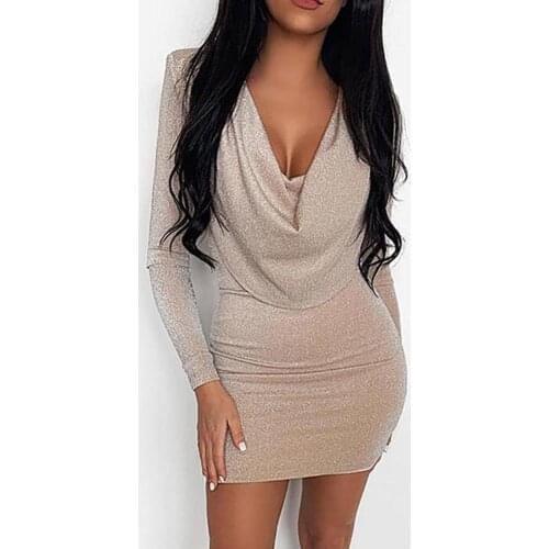 Sexy V-neck Shiny Bodycon Dress Women 2021 Spring Casual Long Sleeve Slim Club Glitter Party Dress Female Mini Autumn Dresses