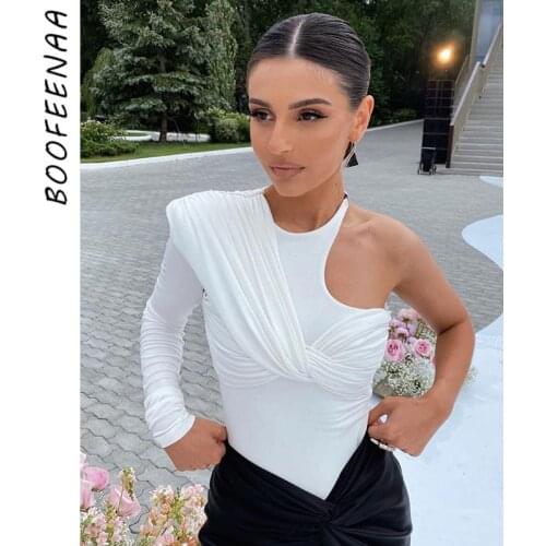 BOOFEENAA Sexy White Twist Front One Shoulder Body Suits for Women Long Sleeves Party Night Club Bodysuit Tops Fall 2021 C66BI19
