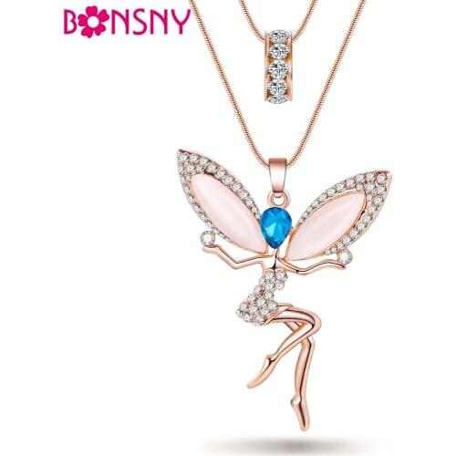 Bonsny Angel Fairy necklace Opal Pendant Cat Eye Crystal Chain New Zinc Alloy Girl Women Fashion Jewelry Accessories