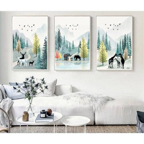 Modern Simple Poster Nordic Nature Watercolor Landscape Canvas Painting Animals Wall Art Picture For Living Room Home Decor