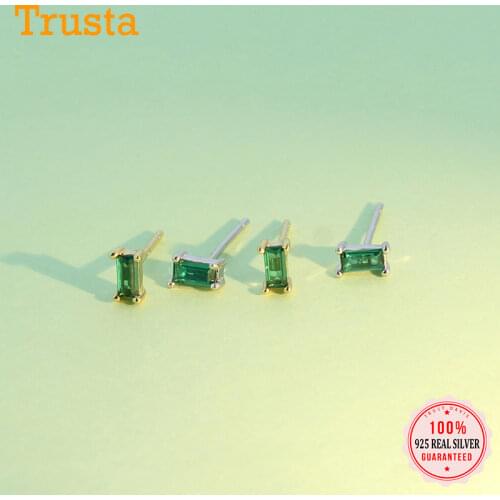 Trustdavis Minimalist Stud Earrings For Women Party Geometric Square Green Zircon 925 Sterling Silver Fashion Jewelry Gift DA648