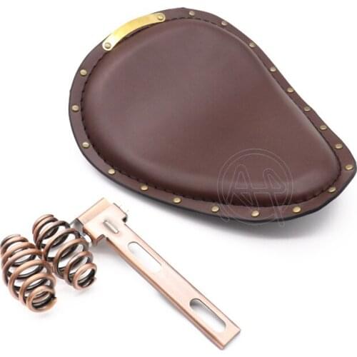 Universal Motorcycle Retro Brown PU Leather Solo Seat + 3" Spring Bracket for Harley Custom Chopper Bobber Leather Saddle Seat