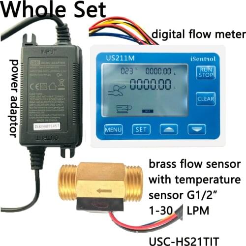 US211M Water Flow Meter and USC-HS21TIT Hall Water Flow Sensor Brass 1-30L/min DC 24V Turbine Flowmeter with NTC50K Temperature
