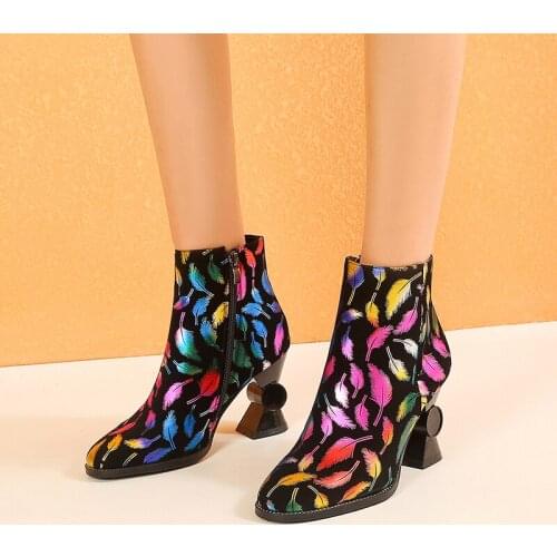 2020 European and American style colorful graffiti High heel short boots warm round head womens boots cotton shoes 34-43