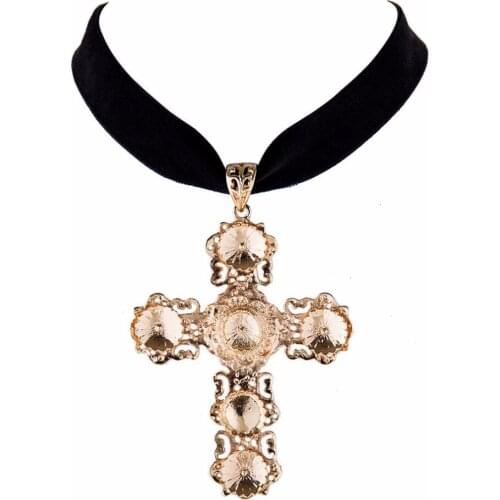 JOUVAL Women Black Choker Necklace Velvet Metal Cross Pendants Gothic Chokers Chocker Steampunk Jesus Jewelry N179636
