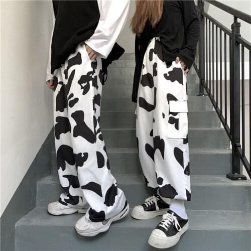 Y2k Cow Print Pants Women Korean Style Wide Leg Pants Vintage Harajuku Trousers Cargo Pants Autumn Sweatpants Streetwear Female