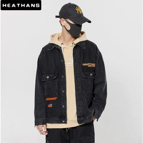 Denim Jackets Mens Korean Youth Clothes Letter Printing Long-sleeved Black Jeans Jacket Mens Loose Motorcycle Jacket Size M-4XL