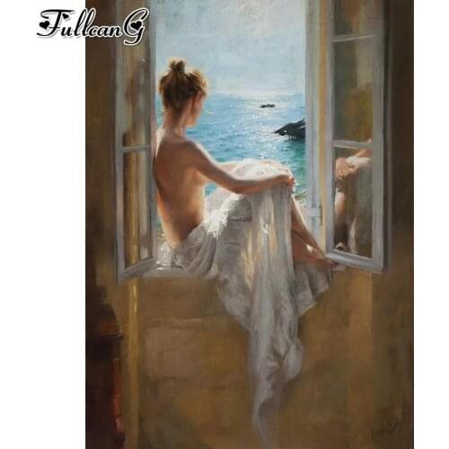 FULLCANG Windowsill girl abstract 5d diy diamond painting full square round drill rhinestone embroidery kits decoration FG0026