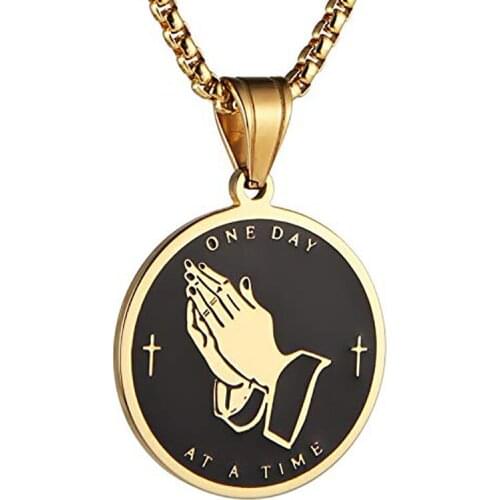 HZMAN Serenity Prayer Cross Stainless Steel Pendant Necklace Praying Hands Coin Medal