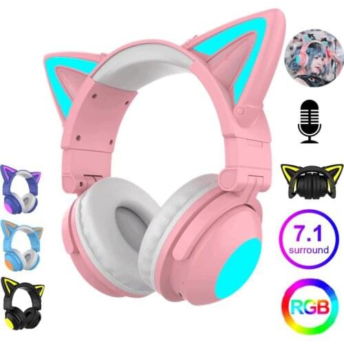7.1 Stereo Cat Ear Gaming Headphones With Microphone Control RGB Lights Color Girls Gamer Headset Bluetooth for Phone Computer