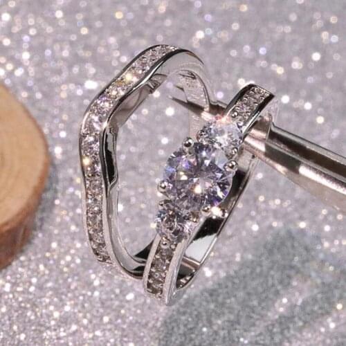 New 2 Pcs/Set Luxury Zircon Wedding Rings For Women Trendy Silver Plated Bride Female Jewelry Engagement Party Valentine Gifts