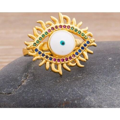 Classic Turky Evil Eye Cubic Zirconia Adjustable Rings Crystal Rainbow Stones Dubai Gold Jewelry For Women Best Birthday Gift