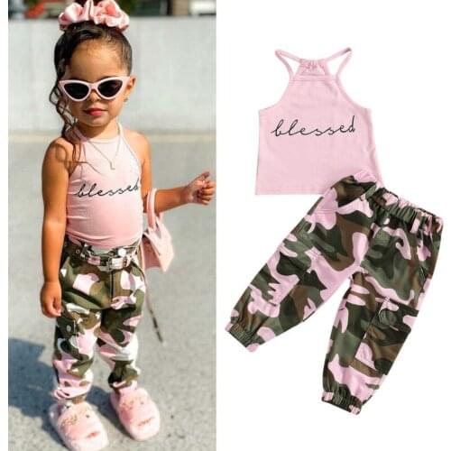 1-6Y Kids Baby Girls Clothes Set 2021 Summer Toddler Sleeveless Letter Print Vest Tops and Camouflage Baggy Pants Child Outfits