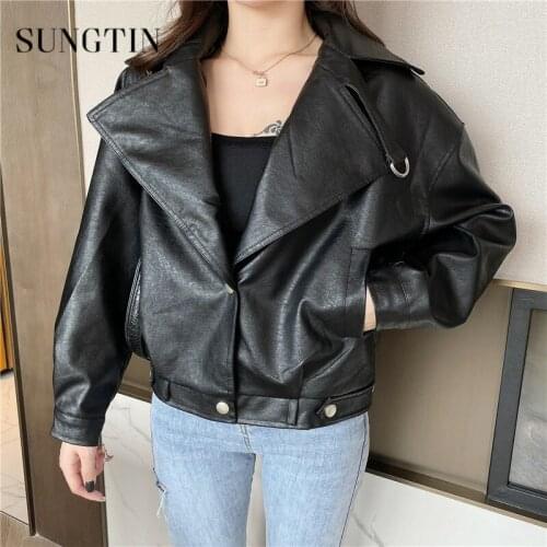 Sungtin Korean Loose Casual Short PU Jacket Women Motorcycle Coat Street Style Faux Leather Jacket Female Warm All Match Outwear