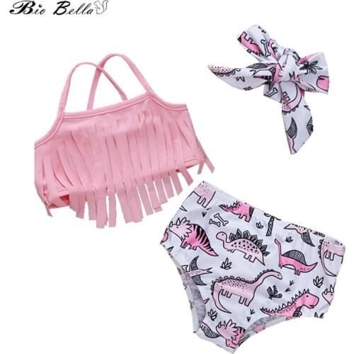 Summer Kids Baby Girls Swimsuit Suit Bikini + Panties + Bow Headband Strap Cute Animal Dinasour Print Clothing Set