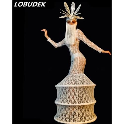 Fashion White Lace Bubble Dress Lady Singer Models Catwalk Masked Headdress Perspective Long Dress Nightclub Party Stage Costume