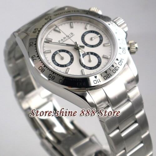 New arrive 39mm PARNIS white dial quartz mens watch solid case full Chronograph