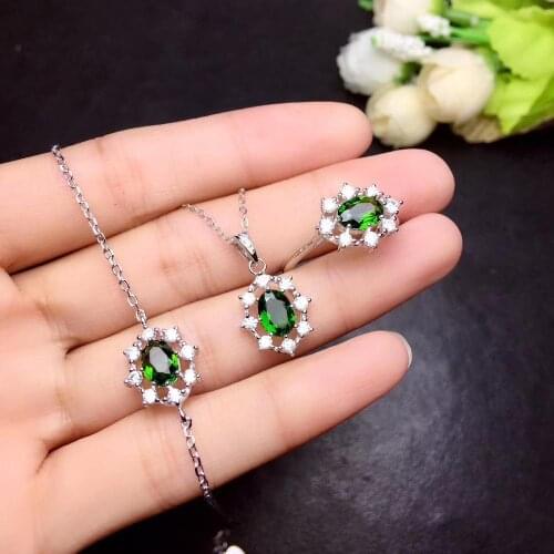 Natural green diopside gem jewelry sets natural gemstone ring Pendant Bracelet 925 silver Elegant Princess girl gift jewelry