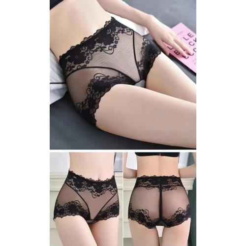 High waist underwear womens transparent lace edge antibacterial belly closing sexy large mesh breathable briefs