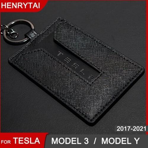 PU Leather Car Key Case For Tesla Model 3 2017-2021 Model Y Card Cover Wallet Protector Holder with Hook Keychain EV Accessories