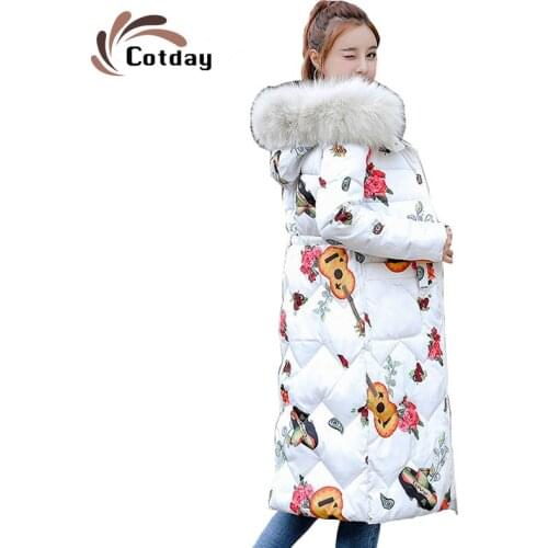 Cotday Fur Collar Hooded Loose Winter Printed Flower Wear It On Both Sides Coat Jacket Long Thick Warm Women Casaco Snow Wear