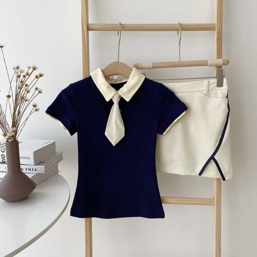PERHAPS U Women Causal Preppy Style Gilrs Two Piece Set Spliced Tie Turn Down Collar Polo Striped Asymmetrical Short Skirt T3050