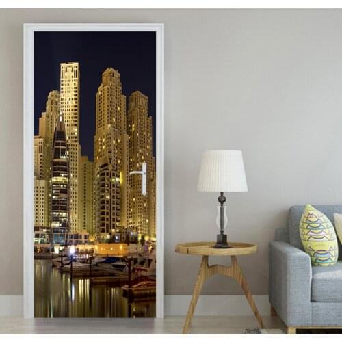 DIY Poster Modern City Building Night View 3D Mural Door Sticker for Living Room Bedroom Waterproof PVC Self-Adhesive Wallpaper