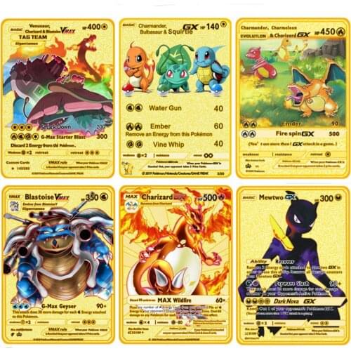 Pokemon Metal Card Vmax Pikachu Charizard Blastoise English Cartoon Gold Cards Mewtwo GX Collection Game Toys
