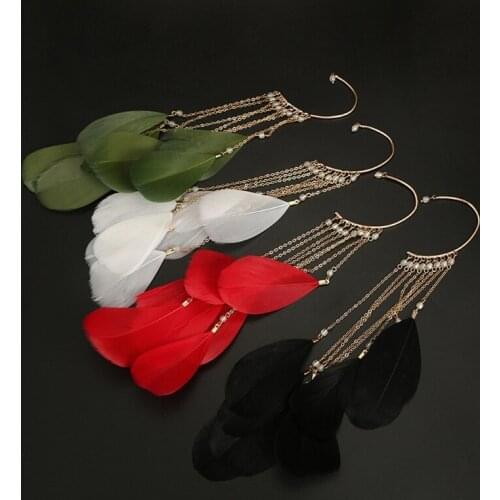 Boho Natural Feather Dangle Hoop Earrings NO Piercing Cuff Ear Clip For Women