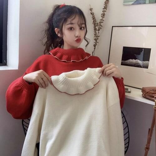 Kawaii Turtleneck Women White Knitted Sweater Korean Fashion Winter Clothes Christmas New Year Jumper Vintage Warm Red Pullover