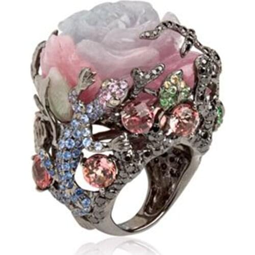 Vintage Turkish Black Gold Peony Rose White Pink Flower Rings For Women Men Luxury Tree Branch Lizard Design Big Ring Z4X878