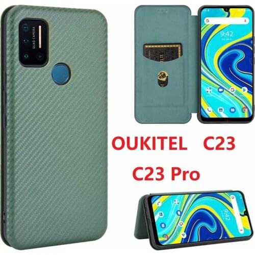 Carbon Fiber For OUKITEL C23 Pro Case Magnetic Book Stand Flip Card Protective Wallet PU Leather Cover