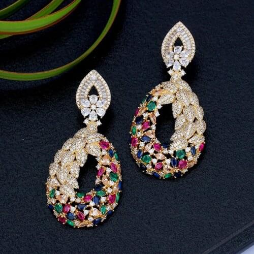 Bride Talk Multi Colored Cubic Zirconia Women Big Earrings Luxury Crystal Water Drop Indian Bridal Wedding Engagement Jewelry