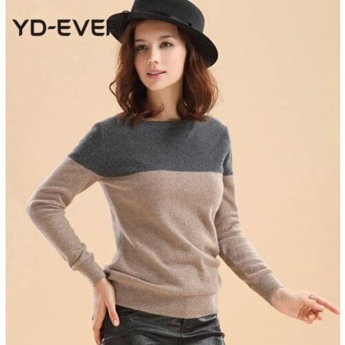 Women sweater cashmere knit pullover new fashion winter oneck grey+camel color patchwork sweaters for ladies tops wool jumpers
