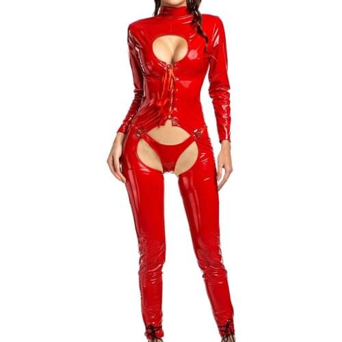 Women Open Crotch Bodysuit Shiny Wetlook Faux Leather Catsuit Sexy Bodysuits Long Sleeve Crotchless Open Butt Leotard Thongs