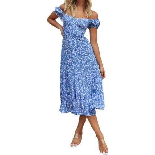 Women Off Shoulder Floral Printed Dress Women Summer Long Maxi Dress Ladies Beach Party SunDress Swing Dress
