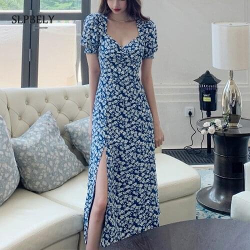 SLPBELY Women Long Dress Summer Vintage Flower Print Chiffon V-neck Short Sleeve Elegant Party Dress Sundress Chic Maxi Dress
