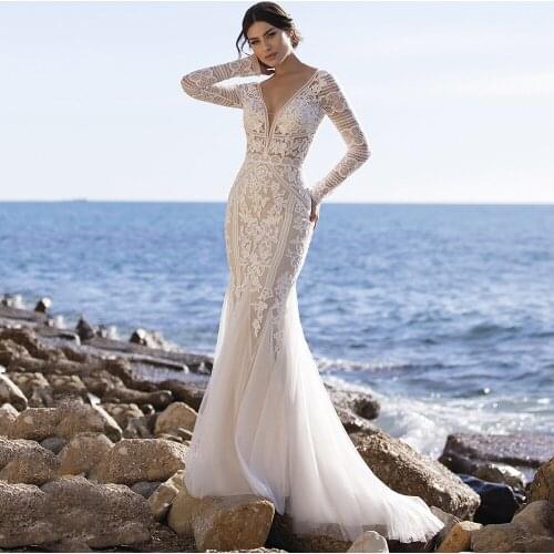 Tulle V-Neck Mermaid Wedding Dress 2021 Elegant Lace Long Sleeve Appliques Sweep Train Backless Bridal Gowns Vestido De Novia