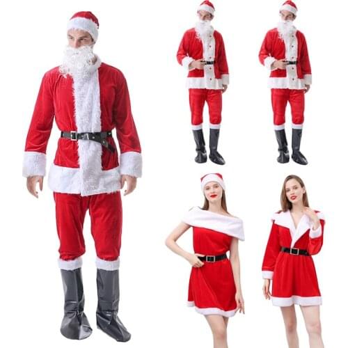 2020 Christmas Women Men Santa Claus Suit High Quality Xmas Party Outfits Caps Beard Tops Pants Boots And Belt 6PCS