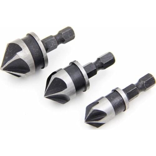 Hex Shank 3pcs 12mm 16mm 19mm Chamfering Debur Drill Bit 5 Flute 90 Degree Set For Wood Quick Change Countersink Bits Tools